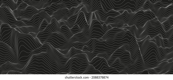 Abstract background with distorted line shapes on a black background. Monochrome sound line waves.