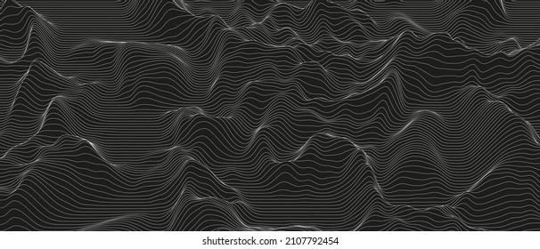 Abstract background with distorted line shapes on a black background. Monochrome sound line waves.
