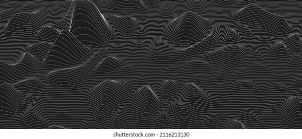 Abstract background with distorted line shapes on a black background. Monochrome sound line waves.