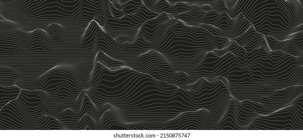 Fondo abstracto con formas de línea distorsionadas sobre un fondo negro. ondas de línea de sonido monocromas.