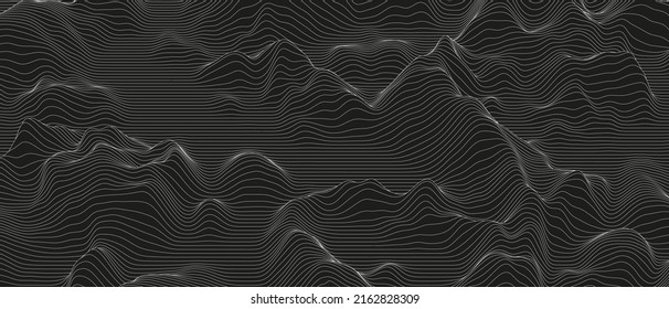 Abstract background with distorted line shapes on a black background. Monochrome sound line waves.