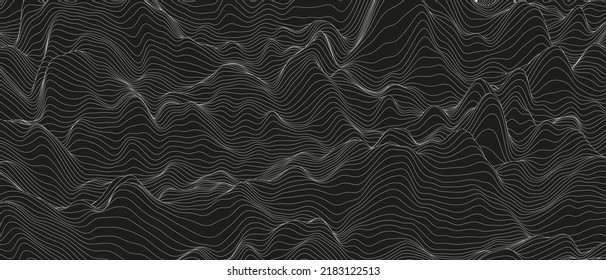 Abstract background with distorted line shapes on a black background. Monochrome sound line waves.