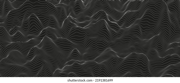 Abstract background with distorted line shapes on a black background. Monochrome sound line waves.