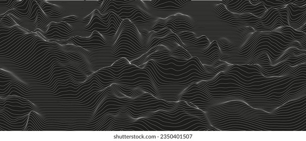 Abstract background with distorted line shapes on a black background. Monochrome sound line waves.