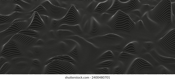 Fondo abstracto con formas de línea distorsionadas sobre un fondo negro. ondas de línea de sonido monocromas.