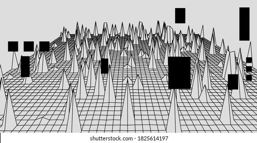 Abstract background with distorted perspective grid, infinite mesh with peacks or vertex network.