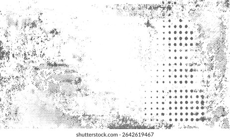 abstract background distressed mottled texture in shades of gray and white A section features a halftone pattern of dark gray circles The overall effect is a blend of grunge and vintage aesthetics