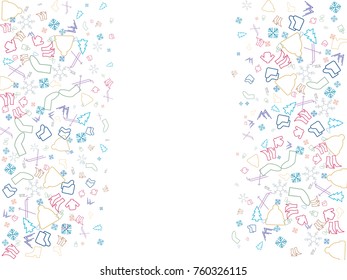 Abstract background for a document on a winter holiday theme, winter holidays in the mountains. Color vector illustration of a hat, sweater, ski, fur-tree, snowflakes, boots, felt boots, socks.