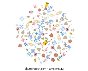 Abstract background for documents medicine. Thermometer, winter hat, microbe, snowflake, syringe, tablet, sock.  Colored vector illustration.
