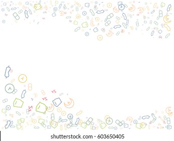 Abstract background for documents, objects for sleep, alarm clock, glasses, pillow, sleeping pills, month, stars. Color vector illustration.