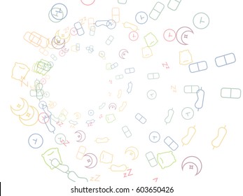 Abstract background for documents, objects for sleep, alarm clock, glasses, pillow, sleeping pills, month, stars. Color vector illustration.