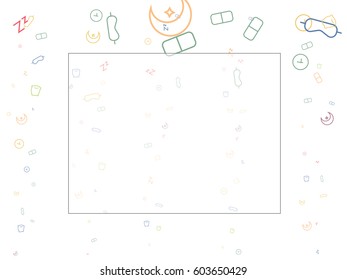 Abstract background for documents, objects for sleep, alarm clock, glasses, pillow, sleeping pills, month, stars. Color vector illustration.