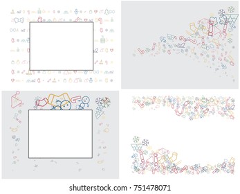 Abstract background for documents on a Christmas theme. Snowflakes, sock, sweets, fir-tree, sled, slide, candle, snowman, heater, fur-tree toys, deer, gifts.