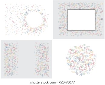 Abstract background for documents on a Christmas theme. Snowflakes, sock, sweets, fir-tree, sled, slide, candle, snowman, heater, fur-tree toys, deer, gifts.