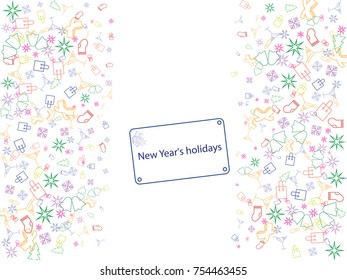 Abstract background for documents on a Christmas theme. Colored vector illustration of sock, gifts, Christmas tree, snowflakes, bells, cocktail.