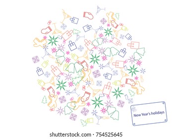 Abstract background for documents on a Christmas theme. Colored vector illustration of sock, gifts, Christmas tree, snowflakes, bells, cocktail.