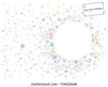 Abstract background for documents on a Christmas theme. Colored vector illustration of sock, gifts, Christmas tree, snowflakes, bells, cocktail.