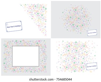 Abstract background for documents on a Christmas theme. Colored vector illustration of sock, gifts, Christmas tree, snowflakes, bells, cocktail.