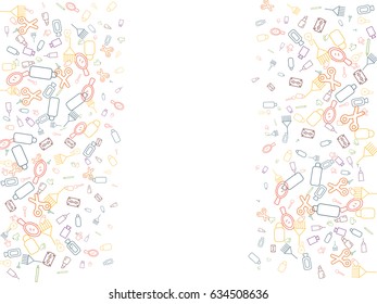 Abstract background for documents on hairdressing and hair care. Icons scissors, brushes, combs, bottles, brushes, hair dyes, mirrors, razors, hair care products