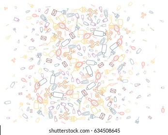 Abstract background for documents on hairdressing and hair care. Icons scissors, brushes, combs, bottles, brushes, hair dyes, mirrors, razors, hair care products