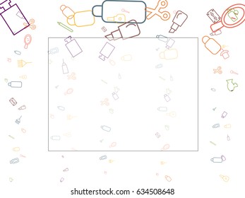 Abstract background for documents on hairdressing and hair care. Icons scissors, brushes, combs, bottles, brushes, hair dyes, mirrors, razors, hair care products