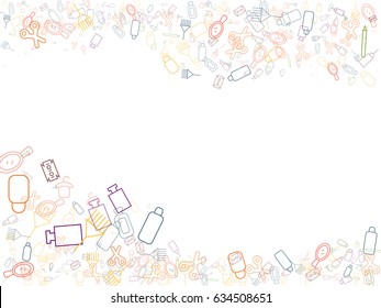 Abstract background for documents on hairdressing and hair care. Icons scissors, brushes, combs, bottles, brushes, hair dyes, mirrors, razors, hair care products