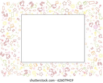 Abstract background for documents on a theme of summer and relaxing at sea. Icons shorts, asterisks, swimming mask, ice cream, beach slippers, a glass with a straw, a life ring, ice cream