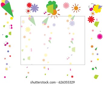 Abstract background for documents on a theme of rest. Flowers of different sizes and shapes, sunglasses