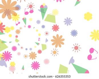 Abstract background for documents on a theme of rest. Flowers of different sizes and shapes, sunglasses