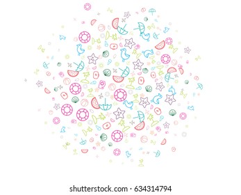 Abstract background for documents on a theme of summer vacation. Icons of airplanes, beach balls, ice cream, palm trees, sun, suitcases, camera, sea shell, starfish