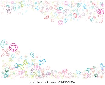 Abstract background for documents on a theme of summer vacation. Icons of airplanes, beach balls, ice cream, palm trees, sun, suitcases, camera, sea shell, starfish