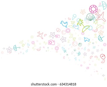 Abstract background for documents on a theme of summer vacation. Icons of airplanes, beach balls, ice cream, palm trees, sun, suitcases, camera, sea shell, starfish