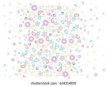 Abstract background for documents on a theme of summer vacation. Icons of airplanes, beach balls, ice cream, palm trees, sun, suitcases, camera, sea shell, starfish