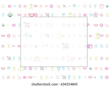 Abstract background for documents on a theme of summer vacation. Icons of airplanes, beach balls, ice cream, palm trees, sun, suitcases, camera, sea shell, starfish