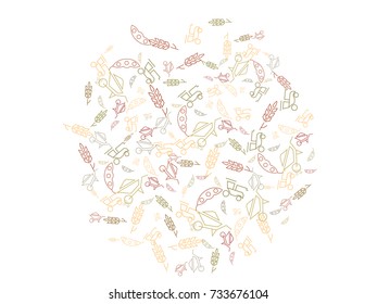 Abstract background for documents on the theme of agriculture. Colored Vector illustration of wheat, tractor, pea pod, garden wheelbarrow. truck.