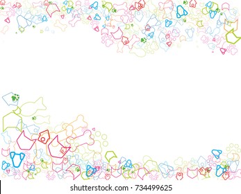 Abstract background for documents on a theme of pets. Colored Vector illustration of a cat, dog pet food, dog booth, dog trace.