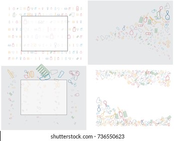 Abstract background for documents on the theme of female objects. Mirror, lipstick, mascara, comb, powder, glasses, hairdryer, jar of cream, scented water.