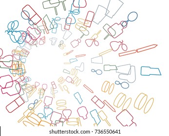Abstract background for documents on the theme of female objects. Mirror, lipstick, mascara, comb, powder, glasses, hairdryer, jar of cream, scented water.