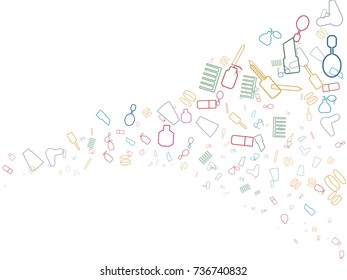 Abstract background for documents on the theme of female objects. Mirror, lipstick, mascara, comb, powder, glasses, hairdryer, jar of cream, scented water.