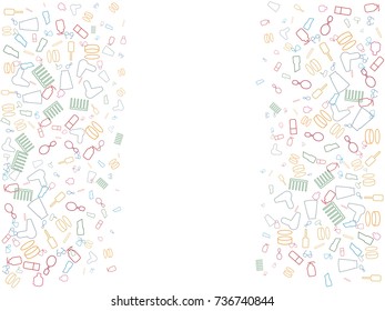 Abstract background for documents on the theme of female objects. Mirror, lipstick, mascara, comb, powder, glasses, hairdryer, jar of cream, scented water.