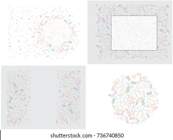 Abstract background for documents on the theme of female objects. Mirror, lipstick, mascara, comb, powder, glasses, hairdryer, jar of cream, scented water.