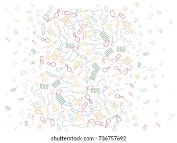 Abstract background for documents on the theme of female objects. Mirror, lipstick, mascara, comb, powder, glasses, hairdryer, jar of cream, scented water.