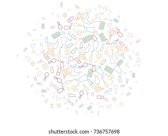 Abstract background for documents on the theme of female objects. Mirror, lipstick, mascara, comb, powder, glasses, hairdryer, jar of cream, scented water.