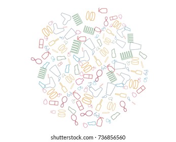 Abstract background for documents on the theme of female objects. Mirror, lipstick, mascara, comb, powder, glasses, hairdryer, jar of cream, scented water.