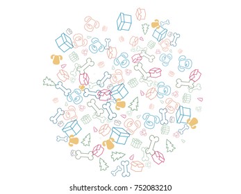 Abstract background for documents on the theme Year of the dog. Muzzle of a dog, a dog bone, a box, a Christmas tree.