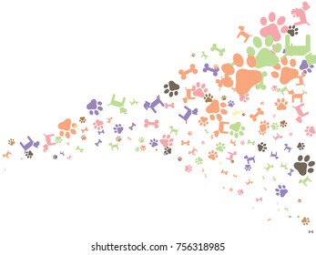 Abstract background for documents on the theme of the Year of the Dog. Multicolored silhouettes of dogs and dog tracks. Colored Vector illustration for an animal theme.