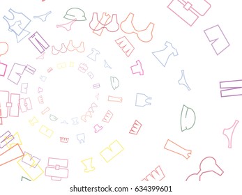 Abstract background for documents for summer department. Icons of sun glasses, glasses, dresses, skirts, swimming suits, bras, pants, trousers
