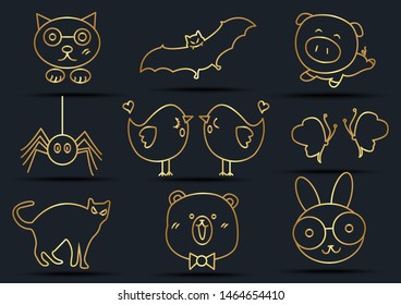 Abstract background of Dog, Bat, Pig, Spider ,Bird, Butterfly, Cat, Bear, Rabbit,Gold color,vector illustrations
