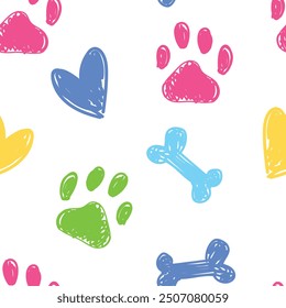Abstract background dog footprint, seamless pattern with paw hand drawn vector illustration