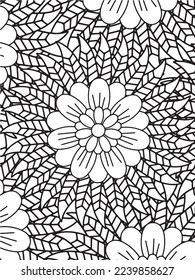  Abstract background doodle floral pattern in black and white. A page for coloring book: fascinating and relaxing job for children and adults. Zentangle drawing. Flower carpet in a magic garden vector